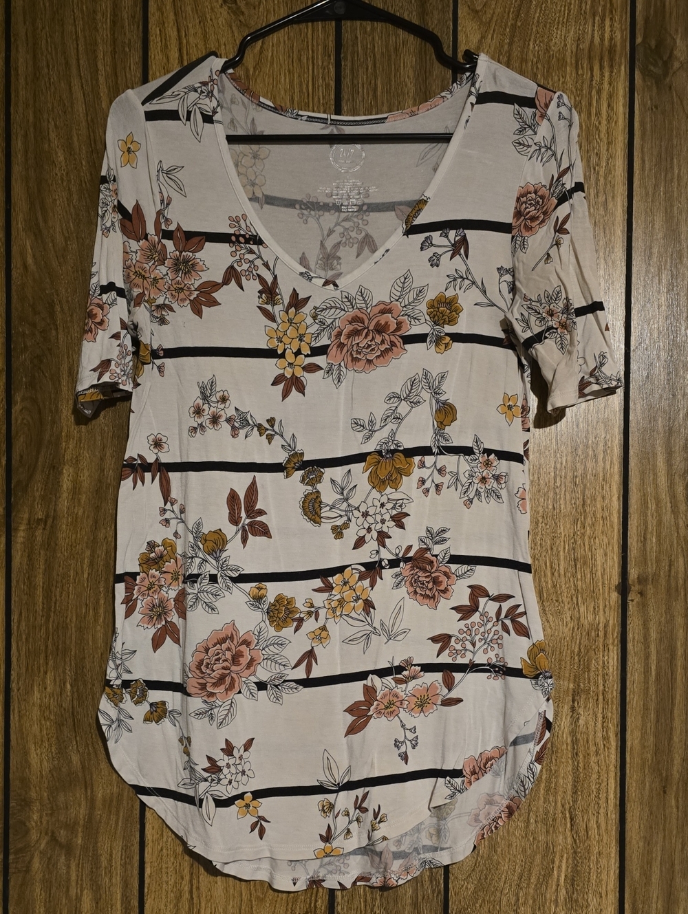 Women's Cream Floral & Black Stripe V-Neck Short Sleeve Top